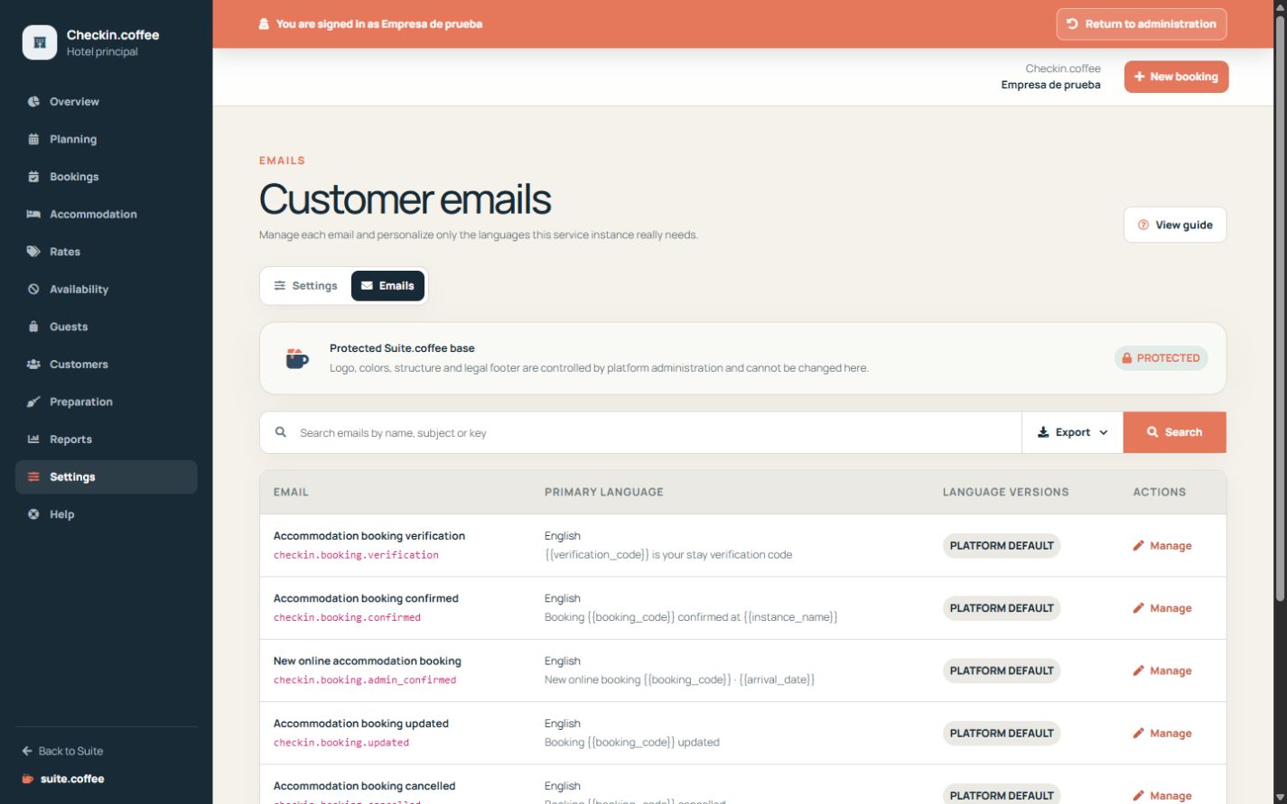Liste des modèles d’e-mails de Checkin avec la langue principale et l’état de personnalisation.