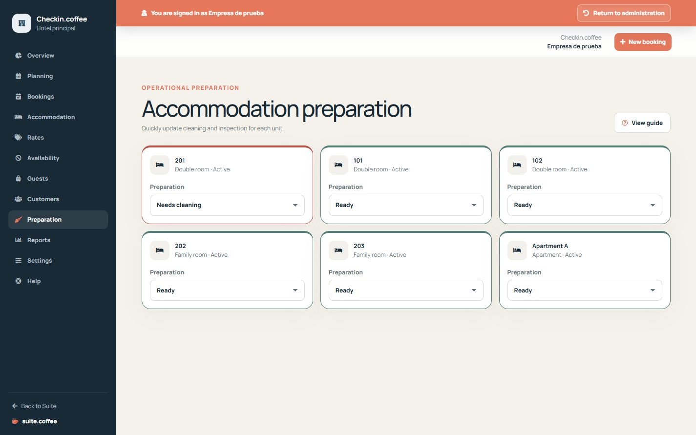 Checkin housekeeping board with units and preparation-status selectors.