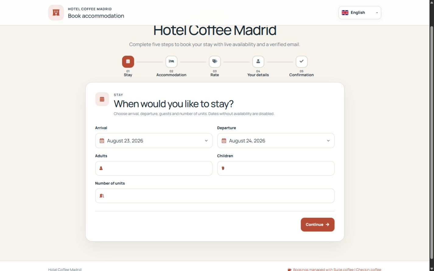 Page publique de réservation directe de Checkin avec les dates, la capacité d’accueil et les hébergements disponibles.