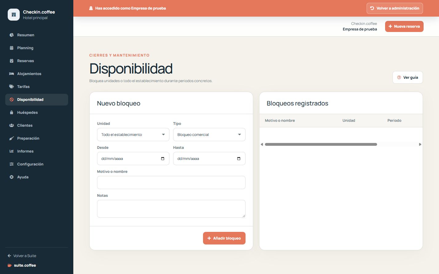 Página de disponibilidad de Checkin con formulario y periodos bloqueados.
