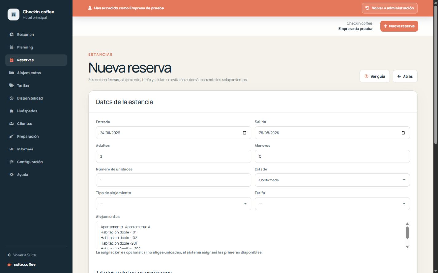 Formulario de reserva de Checkin con fechas, ocupación, tarifa, unidades y cliente.