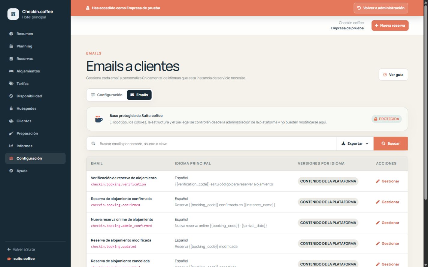 Listado de emails de Checkin con idioma principal y estado de personalización.