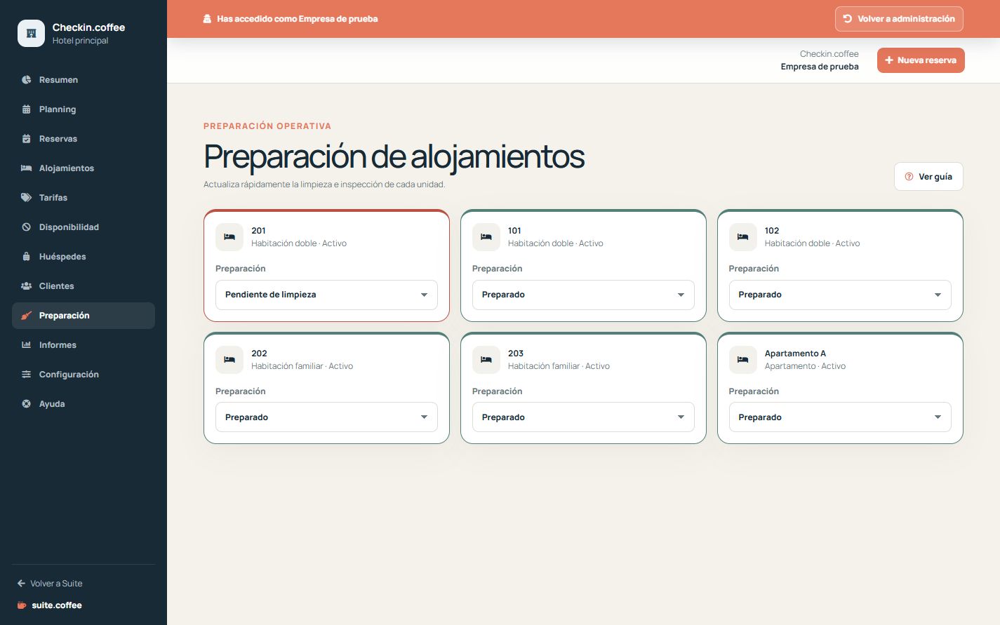 Panel de limpieza de Checkin con unidades y selectores de preparación.