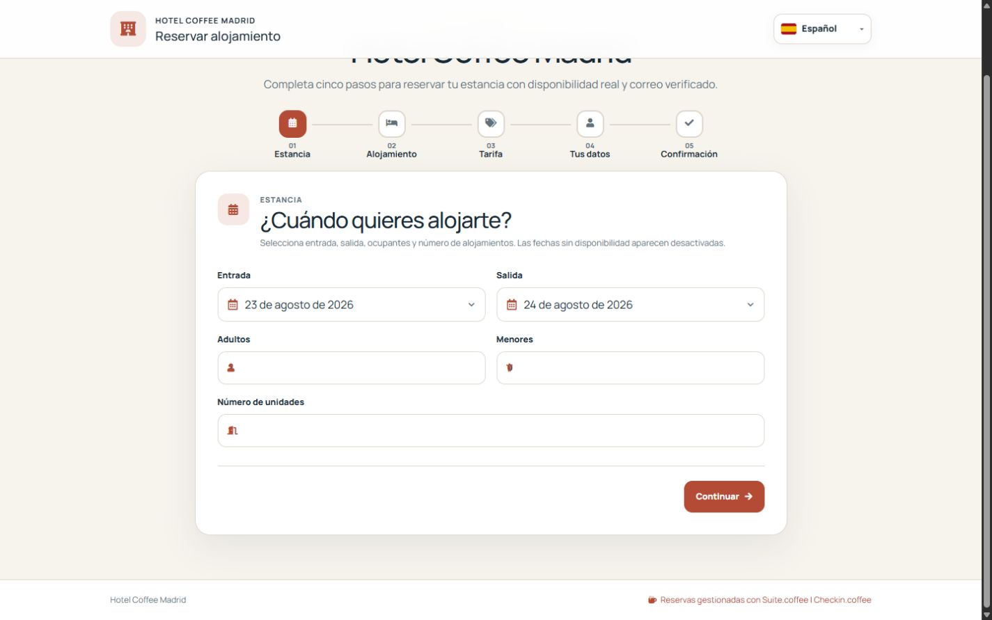 Página pública de reserva directa de Checkin con fechas, ocupación y alojamientos disponibles.