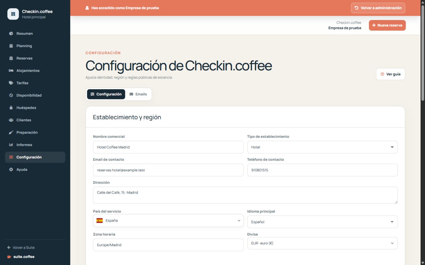 Configuración de Checkin con identidad, contexto regional y reglas de estancia.