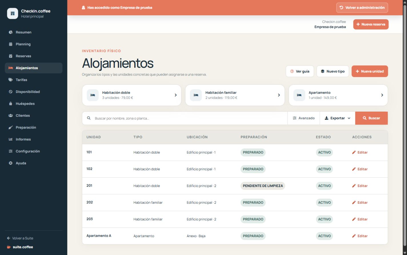 Listado de inventario de Checkin con tipos de alojamiento y unidades físicas.