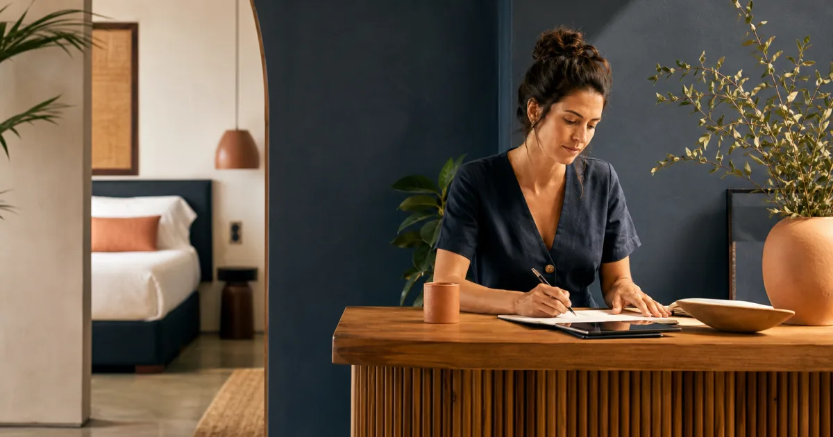 Small hotel manager reviewing room availability and rates for upcoming stays